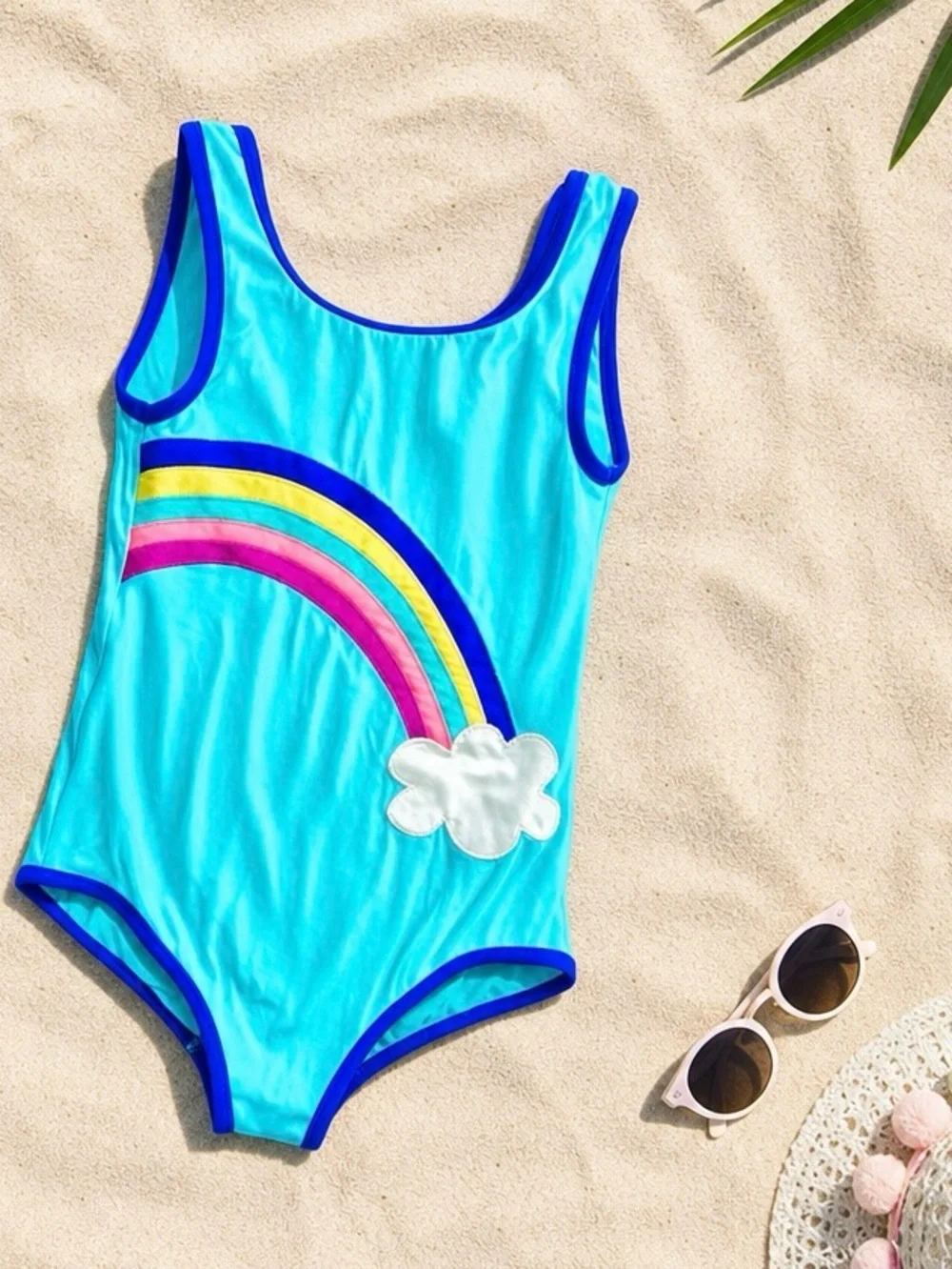 Mini Boden Girls Swimsuit 🌈 Aqua Rainbow Appliqué One‑Piece Size 7–8Y 128 cm